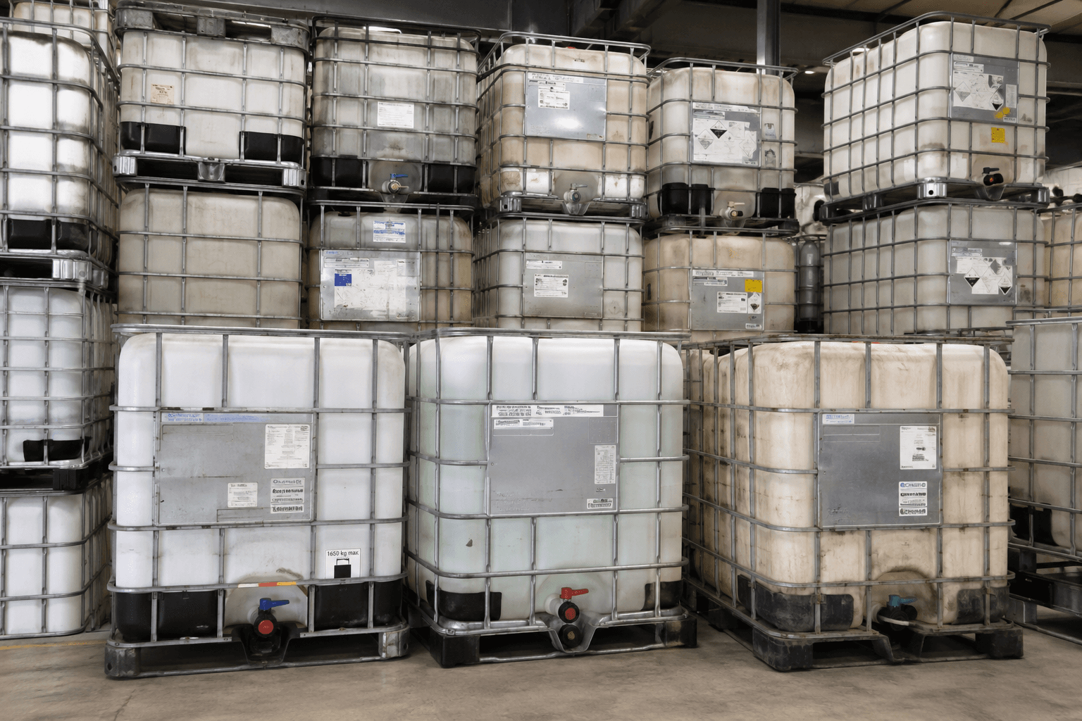 Rows of reconditioned IBC totes staged for delivery at the Peoria yard