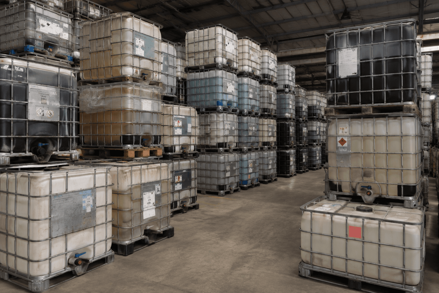 Fully reconditioned IBC totes with food-grade hang tags ready for dispatch in Peoria