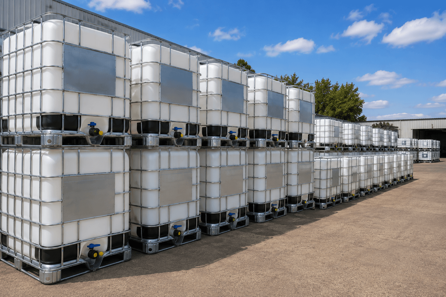 IBC totes lined up in the IBC Solutions Illinois yard ready for reconditioning